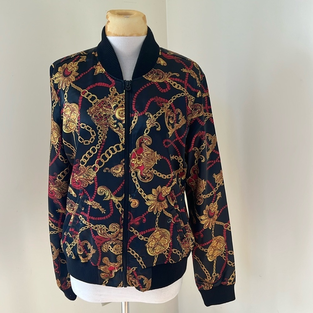 True Religion XL true chain satin baroque print zippered jacket.